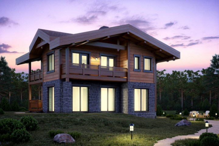 Комбинирование материалов: низ дома под камень, верх под дерево.